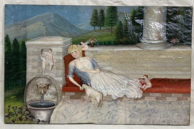 19th Century Folk Art Painting with Cherubs and Lamb: Charming 19th-century folk art oil on canvas depicting a reclining woman outdoors, attended by cherubs playfully tugging at her hair and feet as she gently comforts a lamb. Set against a serene mounta