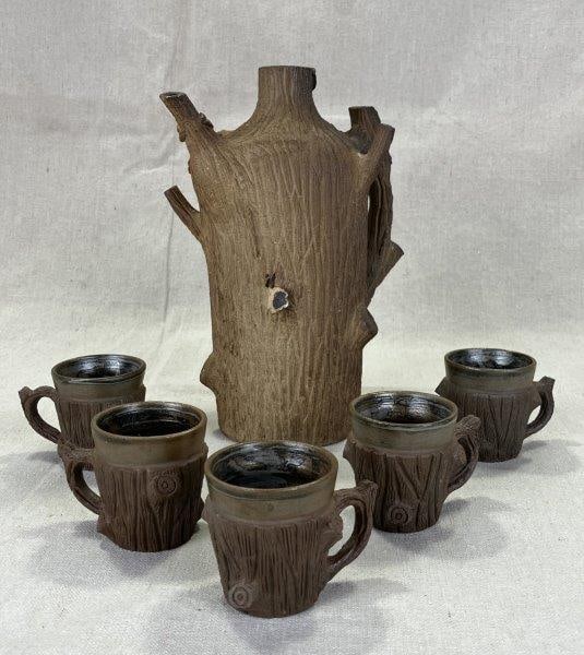 D.X. Gordy Figural Tree Teapot with Cups: Whimsical and highly detailed figural teapot by D.X. Gordy, crafted in the form of a tree with applied vines and branches designed to hold matching cups. A sculptural and imaginative example of Gordy'