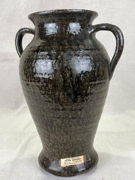 Lanier Meaders Two-Handled Vase with Original Tag: Rare two-handled vase by celebrated Georgia folk potter Lanier Meaders, featuring applied loop handles and a rich, runny alkaline glaze. Retains its original tag reading "Hand Made for Peter Murphey,