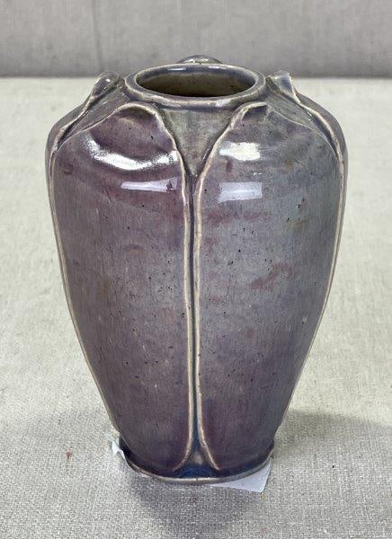 Art Deco Pottery Vase: Elegant Art Deco vase featuring a rich purple glaze and streamlined form. Signed "Melick 28" on the base, indicating a 1928 date. Measures approx. 4''T. Good condition.