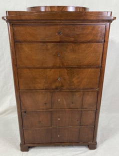 Biedermeier Chest Converted to Cabinet: Classic Biedermeier form with book-matched veneer front and clean, architectural lines. Originally a chest of drawers, now thoughtfully converted to a cabinet for versatile use. Approx. 61" H x 37" W