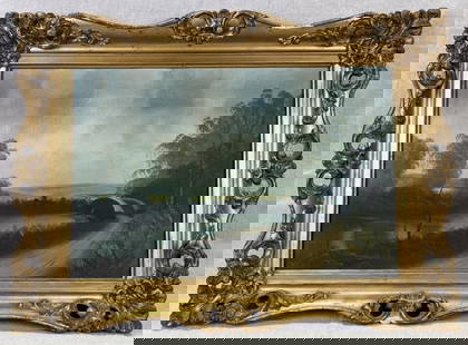 19th Century Landscape Oil Painting: A serene 19th-century landscape oil painting, housed in its original ornate frame with gold flourishes and molded decorative edges. Measures approximately 17" H x 23" W x 2 1/8" D. Minor spotting to