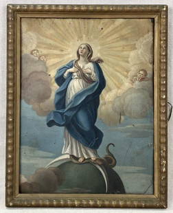 Immaculate Conception Oil Painting on Wood Panel, 19th Century: A finely executed oil painting on wood panel depicting the Virgin Mary in a classical Immaculate Conception pose, emulating the Baroque tradition of artists such as Guido Reni. Rich in traditional