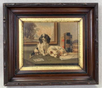 Louis Prang & Co. Dog Chromolithograph, 19th Century: A charming 19th-century chromolithograph by Louis Prang & Co., depicting a still-life scene with two dogs” a small spaniel and a terrier seated in repose atop a desk with books and a landscape
