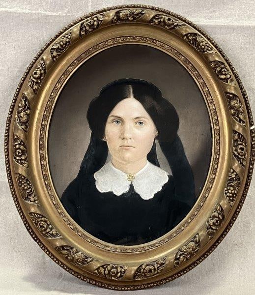 19th Century, American School, Portrait: A delicate 19th-century pastel portrait depicting a woman in mourning attire, sensitively rendered with attention to detail from her lace collar to her sheer veil. The artistâ€™s use