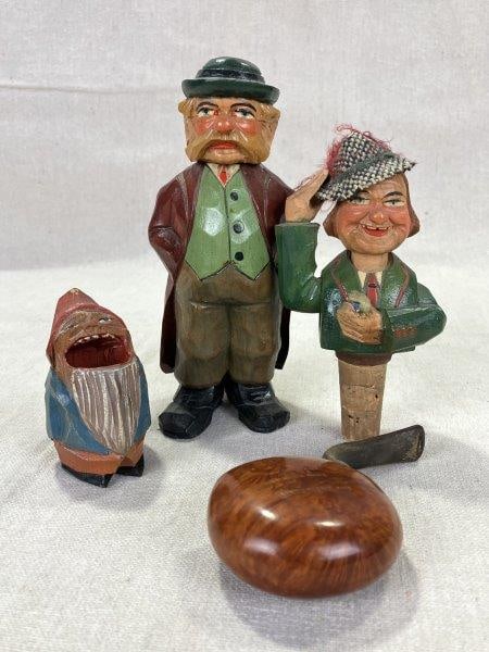 Hand-Carved Wood Pub Accessories: Whimsical set of hand-carved and painted pub-themed accessories, including a toothpick holder, cork, lighter, and a "Redonian" De Luxe English-made pipe. Each figure is carved in an animated pose with