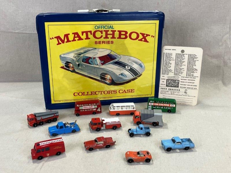 Official "Matchbox" Series Cars, Lesney Products, 1968 Includes USA Models: A vintage 1968 collection of Official "Matchbox" Series die-cast vehicles by Lesney Products & Co., London, England. Set includes various detailed models such as a Land Rover Fire Truck, Ford F350 Tru