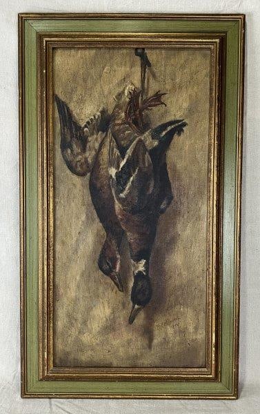 19th Century, Still Life, Game Birds: Late 19th-century trompe l'oeil depiction of two mallard ducks suspended after a hunt, rendered with warm brown glazes and delicate brushwork in the traditional European still life manner. Signed lowe