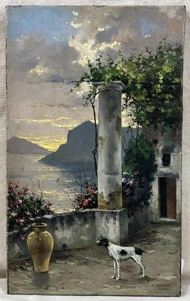 Michele Federico (1884-1966) Seascape with Dog: Serene coastal scene by Italian painter Michele Federico, known for his tranquil seascapes and skillful use of light. Depicts a peaceful shoreline with a dog, signed M. Federico Capri. Measures approx