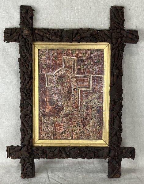 Jože Horvat-Jaki Mixed Media on Board: Mixed media painting on panel board depicting a Brutalist crucifixion scene, signed "Jaki" lower right, in the manner of Jean-Michel Basquiat (American, 1960–1988). Housed in a crisscross tramp 