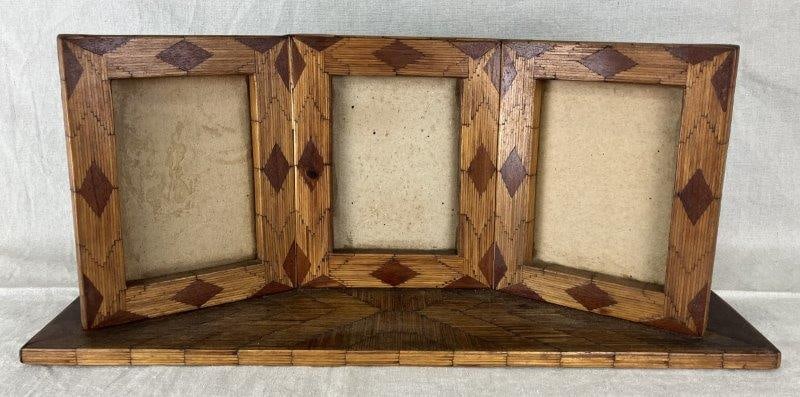 Matchstick Triple Photo Frame: Matchsticks arranged in an interlocking herringbone pattern with warm-toned wood marquetry accents for added visual interest. Designed to display three photographs, perfect for tabletop presentation.