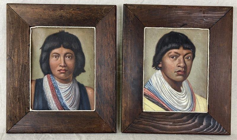 Pair of Native Portraits: Vibrant pair of oil paintings depicting two Native individuals, rendered with expressive detail and strong color by a skilled hand. Each measures approximately 13 3/8" H x 11 1/8" W x 1/2" D. Good con