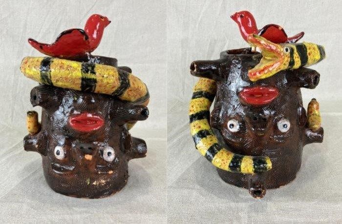 Whimsical Face Jug with Snake and Birds (1 of 19)