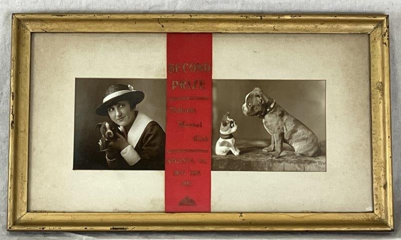 Atlanta Kennel Club Dog Photographs with Prize Ribbon, 1917: A pair of charming early 20th-century images featuring Boston Terriers awarded a second prize ribbon from the Atlanta Kennel Club. One photograph shows the dog embraced by its owner, while the other d