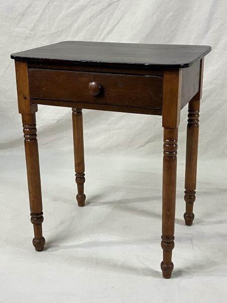 19th Century One Drawer Stand: Nice aged patina with turned legs and dovetailed construction. Measures approximately 29" H x 24" W x 18 1/4" D. Top has been refinished, age appropriate wear.