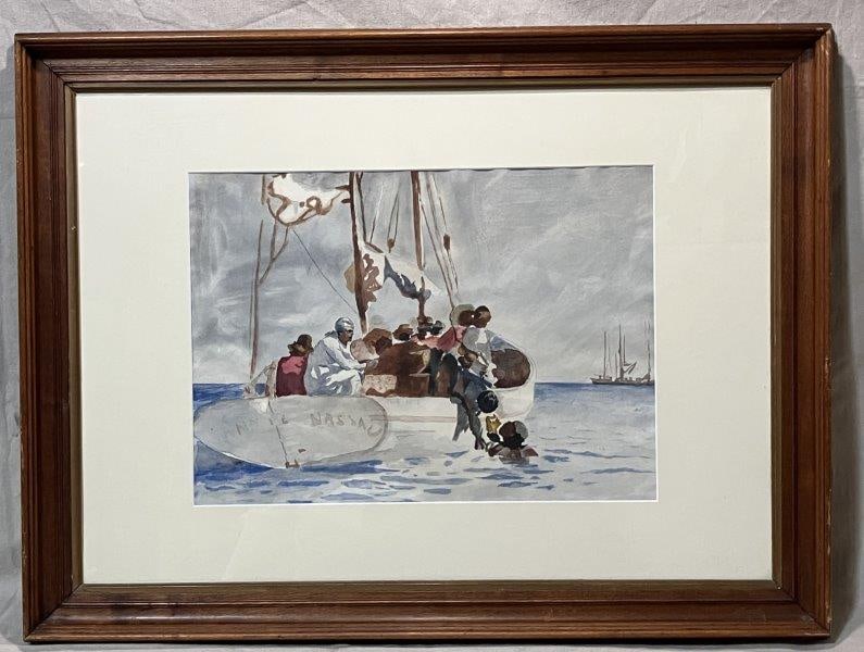 Nautical Watercolor Painting After Winslow Homer: Artwork inspired by Homer’s tropical works capturing local life and seafaring scenes. Rendered in a loose yet highly descriptive style reminiscent of Homer’s mastery of American watercolor