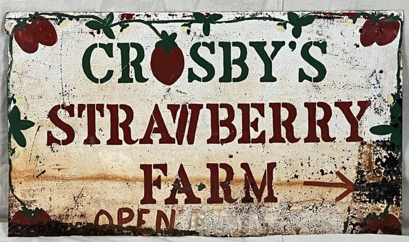 Crosby's Strawberry Farm Double-Sided Metal Sign: Double-sided metal advertising sign for Crosby's Strawberry Farm, decorated with hand-painted strawberries and stenciled lettering in bold, vintage style. Measures approximately 38 5/8" W x 22 1/2" H.