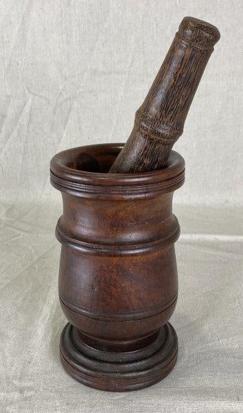 Mortar with Pedestal: Finely turned pedestal base measuring approximately 7 5/8" H x 4" in diameter. Good condition with some surface cracks.