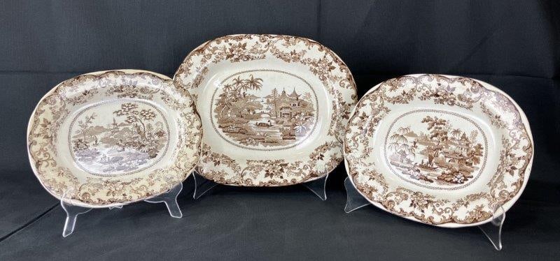 Three Brown Transferware Chinoiserie Plates, 19th Century (1 of 15)