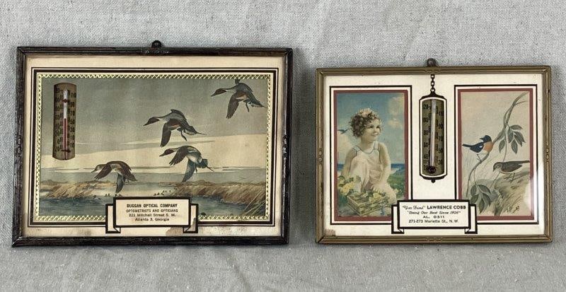 Early 20th Century Advertisements: Two southern advertisements featuring vintage thermostats—one with colorful game birds and the other with a charming image of a child. The largest measures approximately 5 1/8" H x 7 1/8" W x 1/