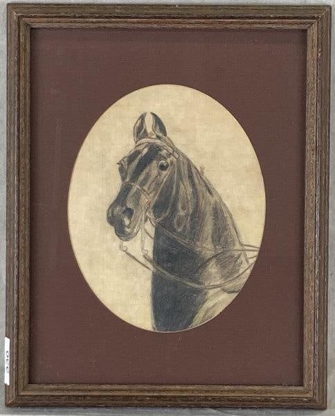 Charcoal Portrait of Horse: Wonderful rendition of a horse standing at attention, housed in a wooden frame with glass. Measures approximately 15 3/8" H x 12 1/8" W x 1 1/2" D. Good condition.