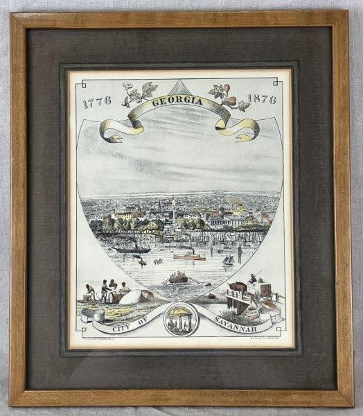 19th Century Colored Lithograph, Savannah GA: Bird's-eye view of Savannah Harbor, handsomely framed and matted, Measures approximately 15'' H x 13'' W x 5/8'' D, Good condition.