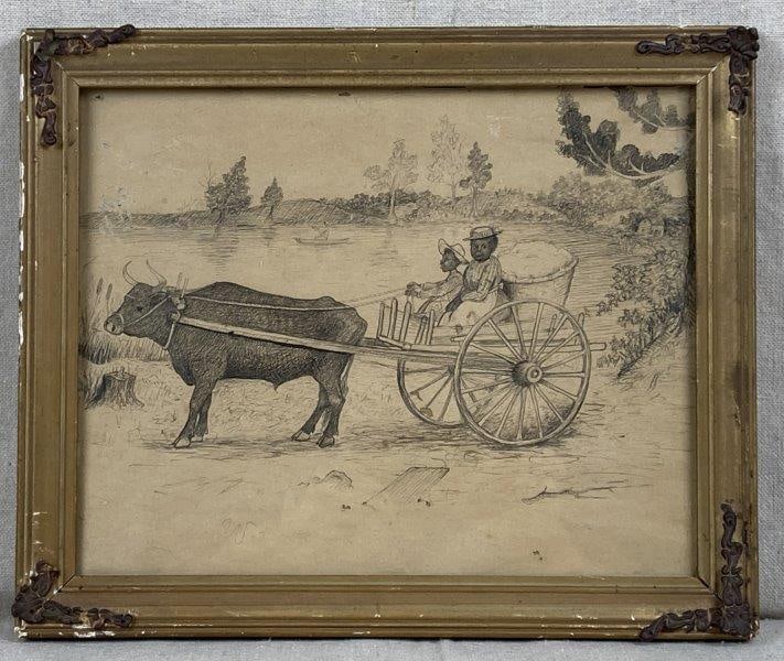 Southern Pencil and Ink Drawing: Wonderfully drawn image depicting an ox-drawn cart carrying an African American woman and child with a basket of cotton on the back. Finely rendered in pen and pencil, showcasing delicate line work. H