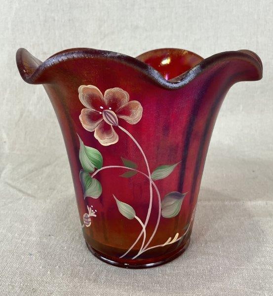 Hand-Painted Fenton Cranberry Iridescent Glass Vase (1 of 12)