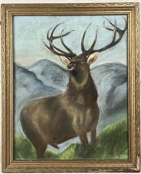 Stag in Landscape, American School: Vibrant pastel painting depicting a stag standing before a mountain range, rendered with sensitivity and expressive use of color. Signed â€œBessie P.â€ with the remain