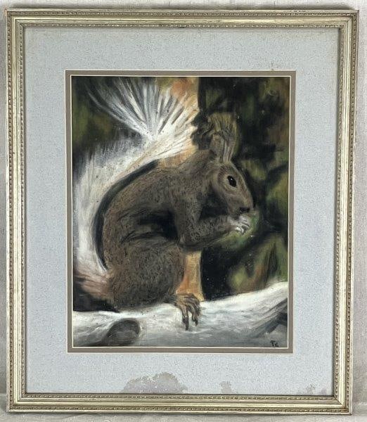 Squirrel Pastel Drawing: Charming pastel drawing depicting a squirrel at rest, rendered in vibrant warm tones while holding an acorn. Lush verdant foliage fills the background, creating a lively natural setting. Signed by the