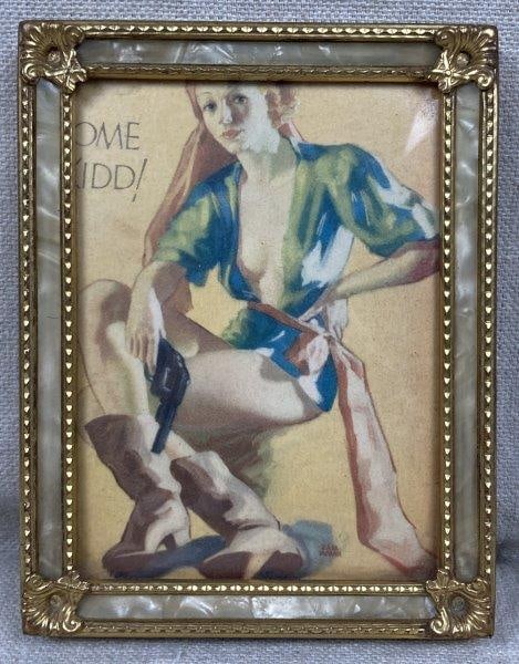 Earl Moran Print: Striking art print of a woman holding a revolver pistol and wearing cowboy boots, dressed in a green top with a head scarf. The print includes the phrase "Come Kidd!" in the top left and Earl Moran in
