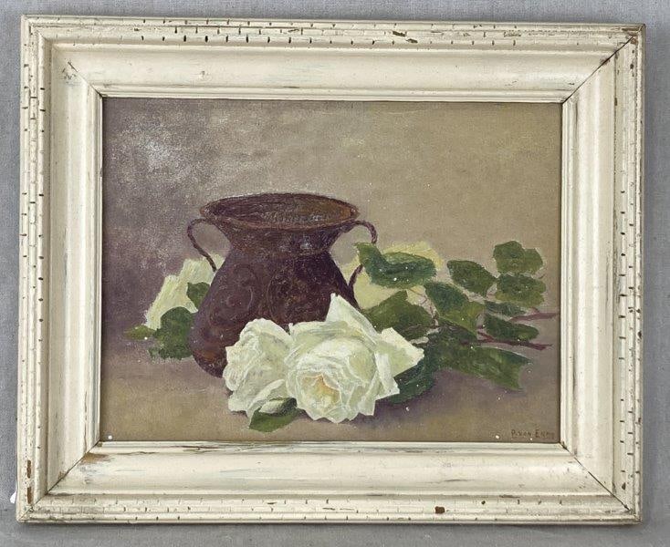 Floral Still Life, Roses and Vase: A beautifully rendered oil painting featuring an elegant composition of white roses arranged in an ornate ceramic vessel with intricate scrollwork. The artist demonstrates delicate handling of light a