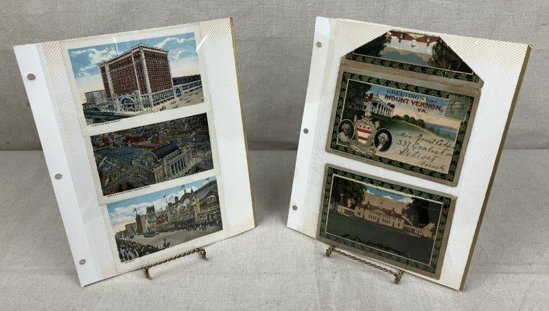 Souvenir Postcards: Wonderful 20th-century postcards featuring scenes from Chicago and Mount Vernon, Virginia. Measures approximately 11'' x 9''. Age-appropriate wear.