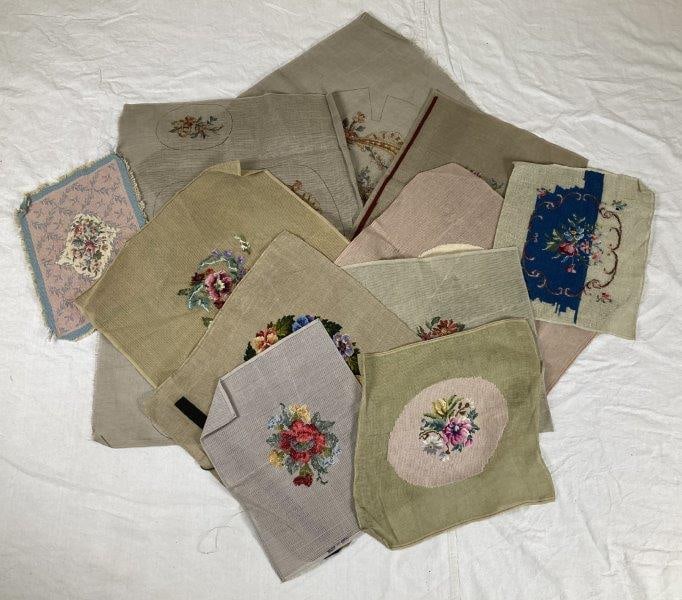 Needlepoint with Floral Motif Collection: Beautifully detailed needlepoint pieces, some featuring delicate scrollwork and vibrantly colored floral designs. Ideal for sewing projects or small upholstery. One piece measures approximately "22 7/