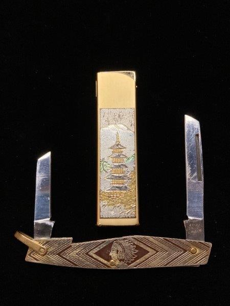 Tsubota Pearl Gold-Tone Lighter and Arnex Stainless Japan Folding Pocket Knife (1 of 8)