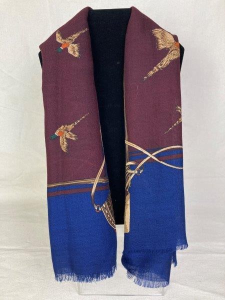 Vintage Sherbrooke Scarf with Pheasants in Flight: Elegant 100% wool scarf featuring a rich blue border surrounding a central design of pheasants in flight. Measures approximately 35'' square. Good condition with light fabric wear along the edges.