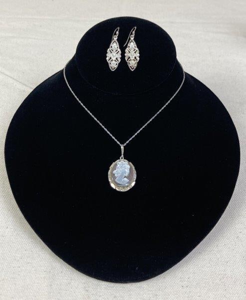 Art Deco-Style Sterling Silver Cameo Pendant and Earrings (1 of 7)
