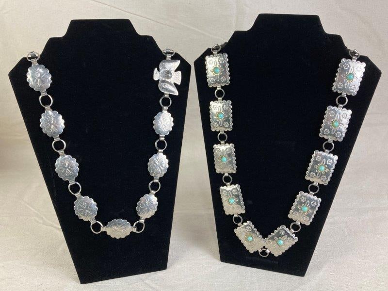 Two Native American Silvertoned Concho Belts: Grouping of two sterling silver Native American concho belts. One with a series of rectangular scalloped-edge conchos set with turquoise cabochons in bezels; the other with oval and eagle-shaped conch