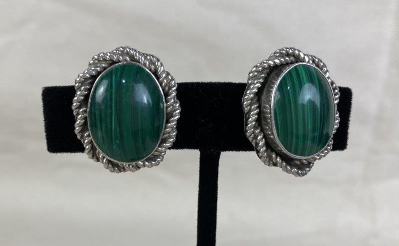 Native American Sterling Silver Malachite Clip-On Earrings (1 of 5)