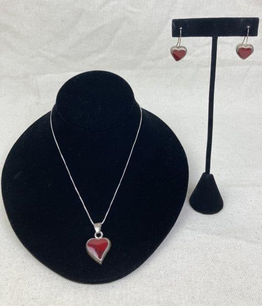 Sterling Silver and Carnelian Heart Necklace and Earrings Set (1 of 10)