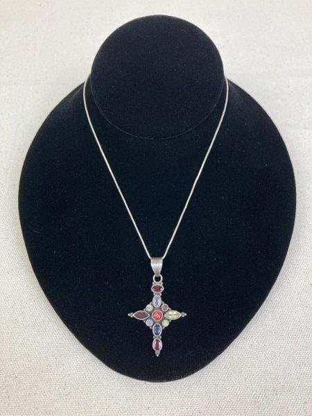 Sterling Silver Necklace with Multi-Gemstone Cross Pendant (1 of 6)