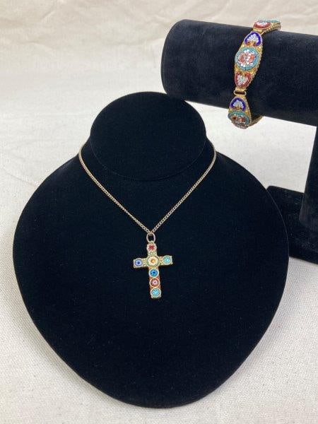 Vintage Italian Micro Mosaic Bracelet and Cross Necklace (1 of 7)