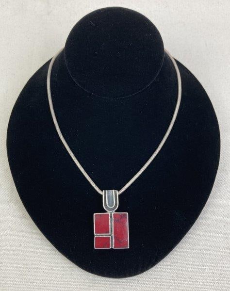 Vintage Mexican Sterling Silver Pendant Necklace with Red Jasper Inlay (1 of 6)