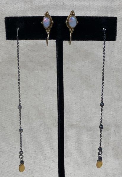 Two Pairs of Sterling Silver and Opal Earrings: Including one pair of elegant drop earrings featuring opal beads suspended from sterling silver posts, stamped 925 and measuring approximately 3 1/2" long; together with a delicate Art Nouveau-style p