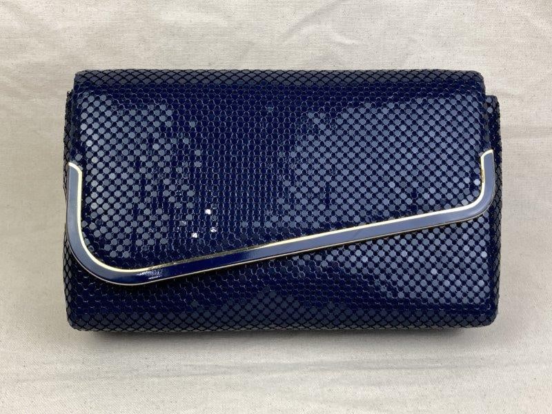Vintage Glomesh Evening Bag by Bueno: Navy blue Glomesh evening bag by Bueno with gold-tone accents and a removable shoulder strap. Measures approximately 10" wide by 6" high. In good condition with wear and some loss to the strap.