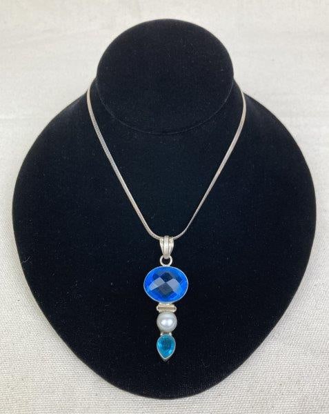 Sterling Silver Necklace with Blue Topaz and Pearl Pendant (1 of 6)