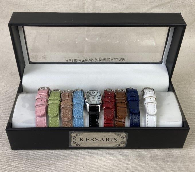 Kessaris Women’s Watch with Interchangeable Bands: Stylish Kessaris women’s wristwatch featuring a luminous mother-of-pearl dial and reliable Japan movement. Includes nine interchangeable watch bands allowing for customizable wear. Adjustable fi
