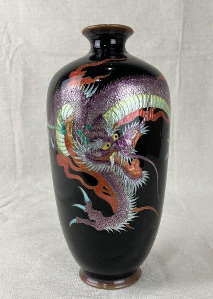 Meiji Period Japanese Cloisonné Vase with Dragon: Striking vase featuring a vibrant dragon motif encircling the body, executed with finely detailed cloisonné enamel work. A bold example of Japanese decorative art. Measures approximately 9 7/8" H
