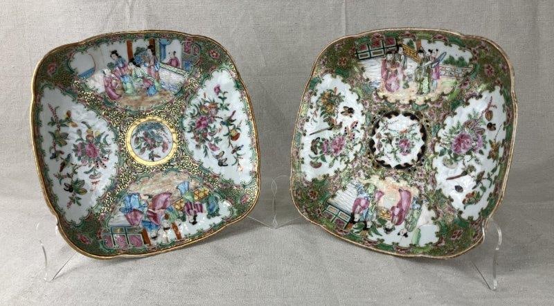 Pair of Qing Dynasty Chinese Rose Medallion Square Plates: Decorated in the Rose Medallion style, each platter features bird and floral motifs surrounding domestic scenes with figures in traditional Chinese dress. One measures approximately 1 5/8" H x 9 3/8" 