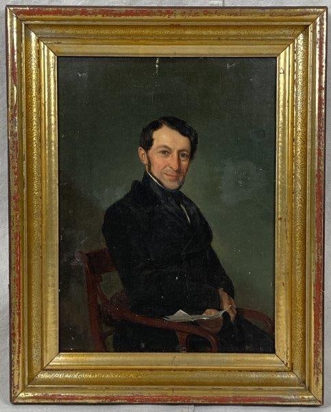 19th Century Portrait, British School: Handsome portrait depicting an astute gentleman seated in a chair and dressed in period attire, rendered with confident brushwork typical of the British School of the 19th century. Presented in a gilt